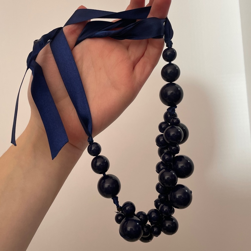 Vintage Oversized Navy Blue Bubble Beaded Ribbon Bow  Winter Holiday Necklace